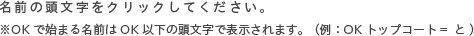 名前の頭文字をクリックしてください。 ※OKで始まる名前はOK以下の頭文字で表示されます。 （例：OKトップコート= と ）